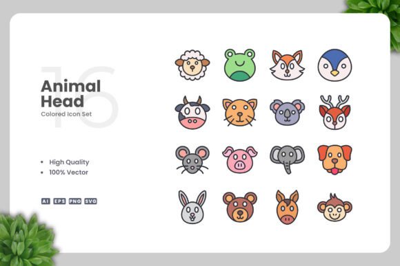 Animal Head Color Icons for Commercial Graphics