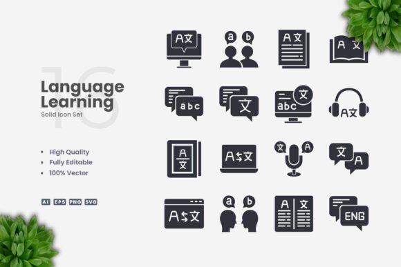 Language Learning Solid Icons for Digital and Print Projects
