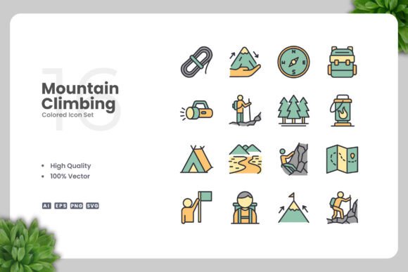 Mountain Climbing Color Icons for Modern Web and Editorial Design
